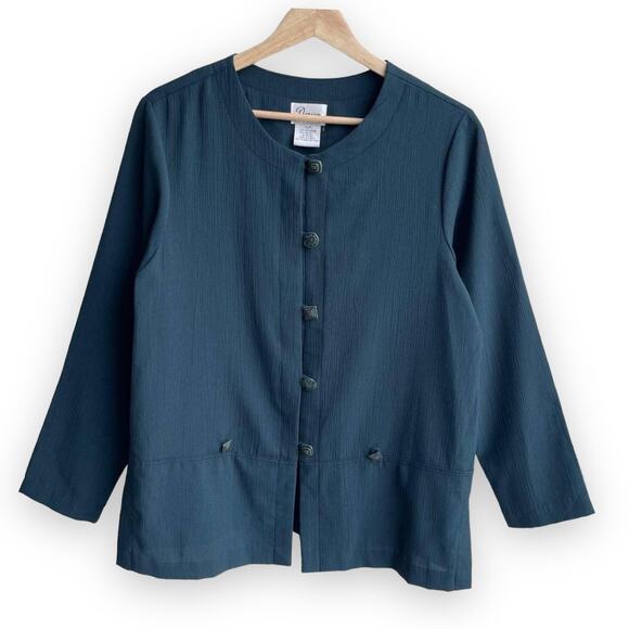 90s Vintage Teal Geometric Lightweight Shirt Jacket- Size 12P - Picture 1 of 10